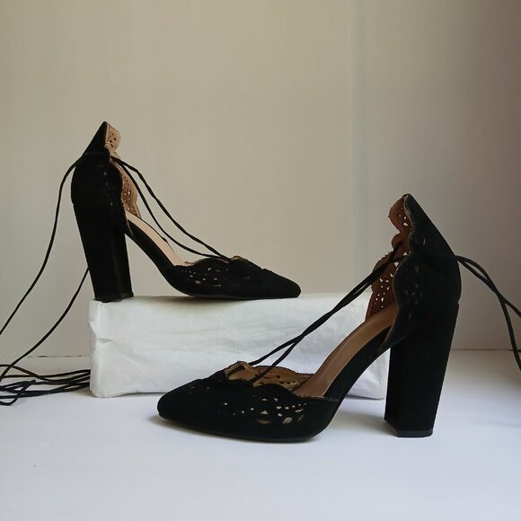'Jenni' Black Suede CutOuts Block Heels Pointy Toes Long Ankle Wrap Laces Sz 8 - Picture 5 of 12